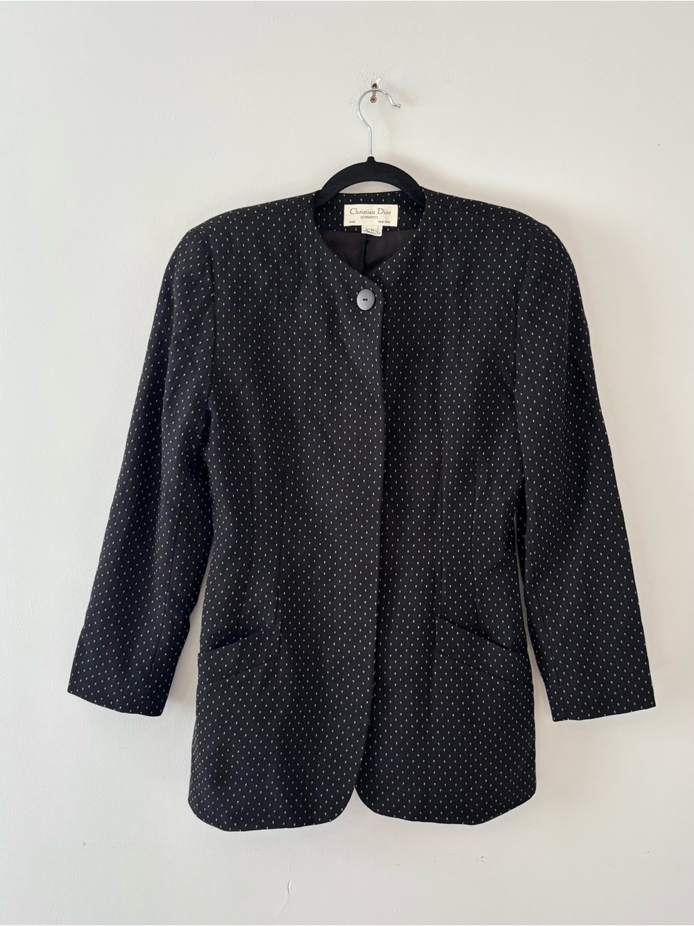 Christian Dior Vintage Wool Blazer Button-Up Suit Jacket Polka Dot Print Black